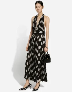 Pleated chiffon calf-length dress with polka-dot print