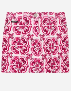 5-pocket denim miniskirt with majolica print