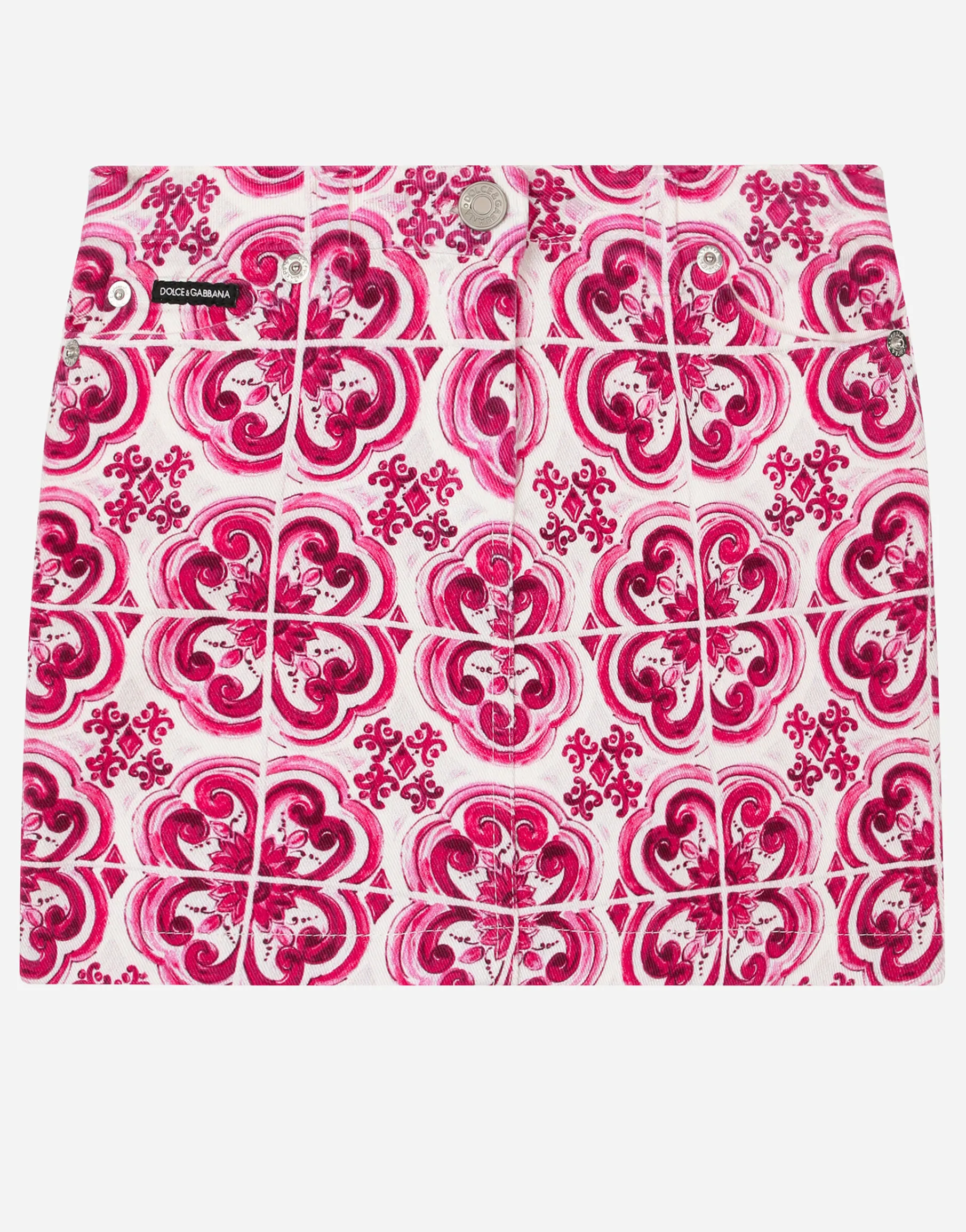5-pocket denim miniskirt with majolica print