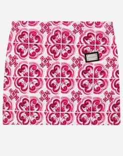 5-pocket denim miniskirt with majolica print