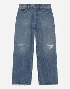 5-pocket treated denim jeans with logo tag