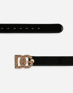 Polished calfskin belt with crystal DG logo