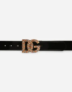 Polished calfskin belt with crystal DG logo