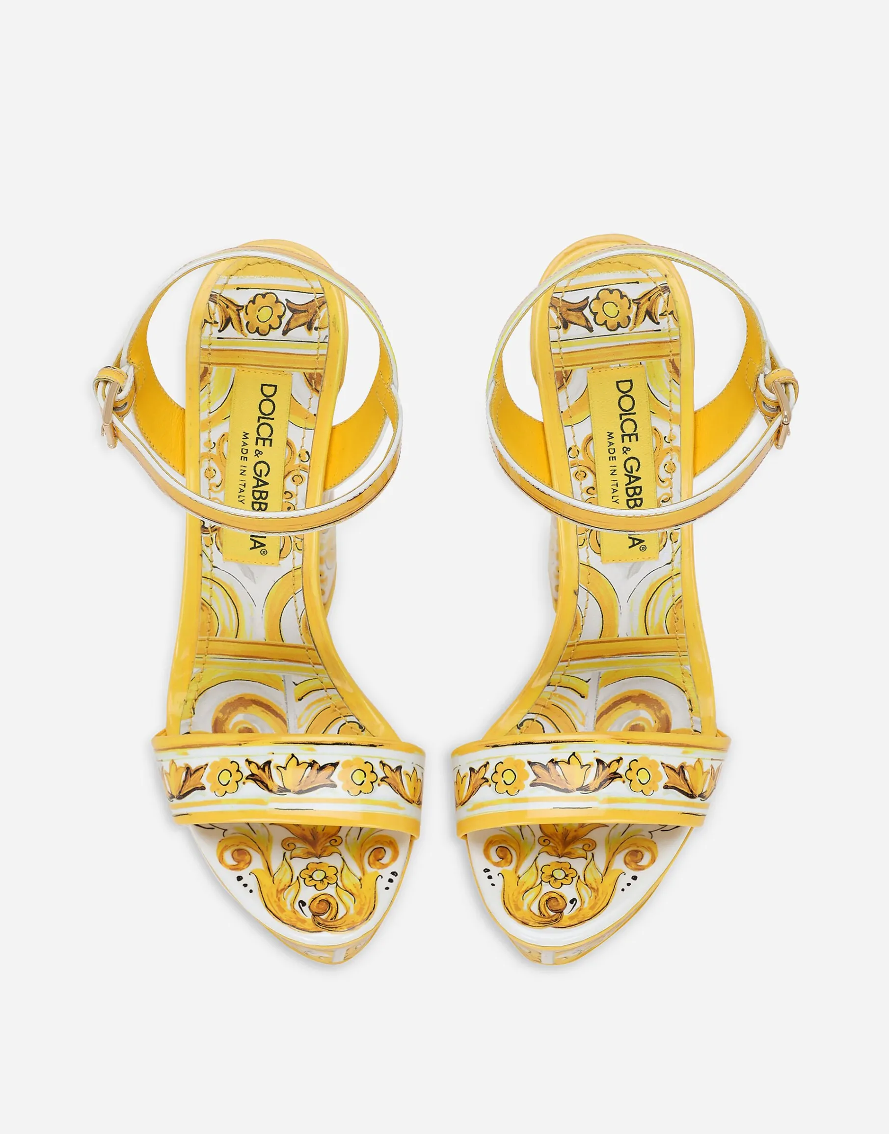 Polished calfskin platform sandals with majolica print