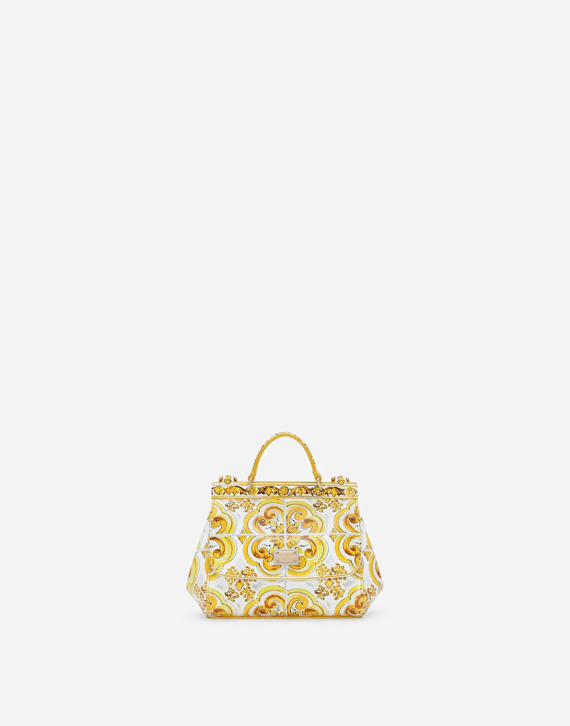 Polished calfskin Sicily bag with yellow majolica print