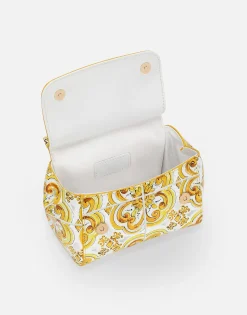 Polished calfskin Sicily bag with yellow majolica print