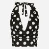Polka-dot charmeuse top with plunging neckline