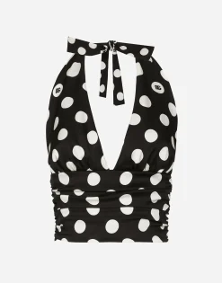 Polka-dot charmeuse top with plunging neckline
