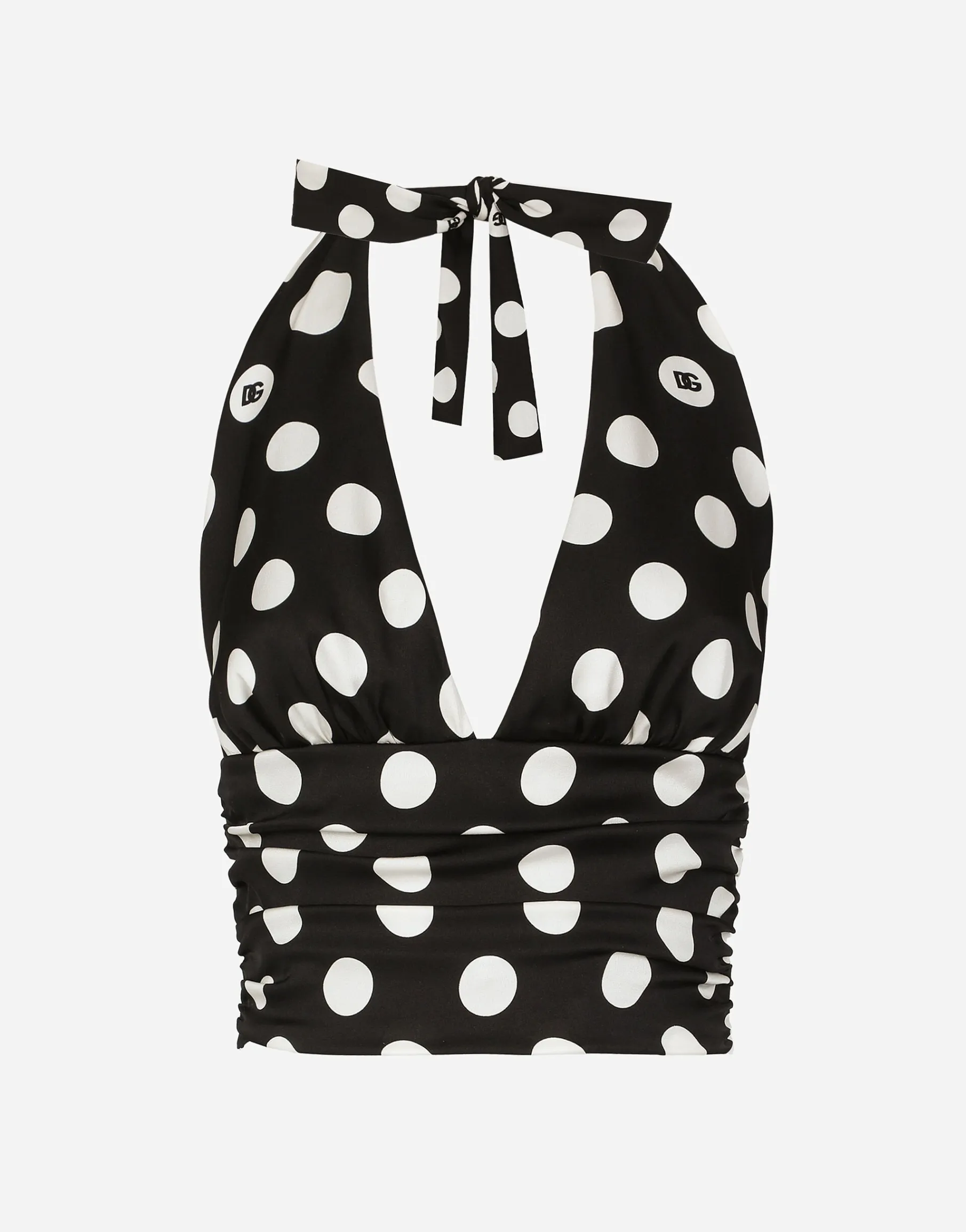 Polka-dot charmeuse top with plunging neckline