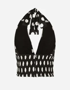 Polka-dot charmeuse top with plunging neckline