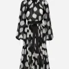 Polka-dot chiffon calf-length dress with piqué details