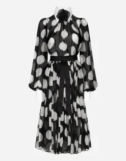 Polka-dot chiffon calf-length dress with piqué details