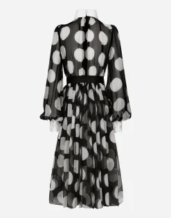 Polka-dot chiffon calf-length dress with piqué details