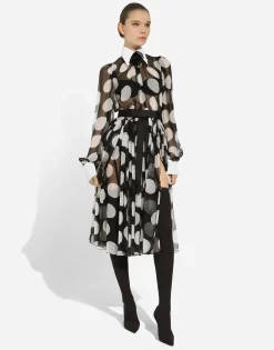 Polka-dot chiffon calf-length dress with piqué details