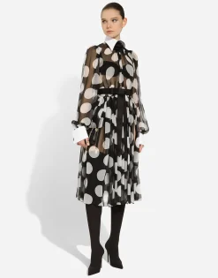 Polka-dot chiffon calf-length dress with piqué details