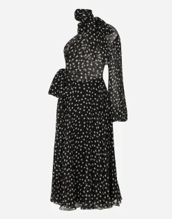 Polka-dot one-shoulder chiffon dress