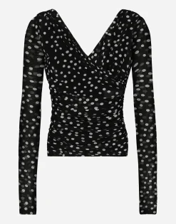 Polka-dot tulle top with wrap-front neckline