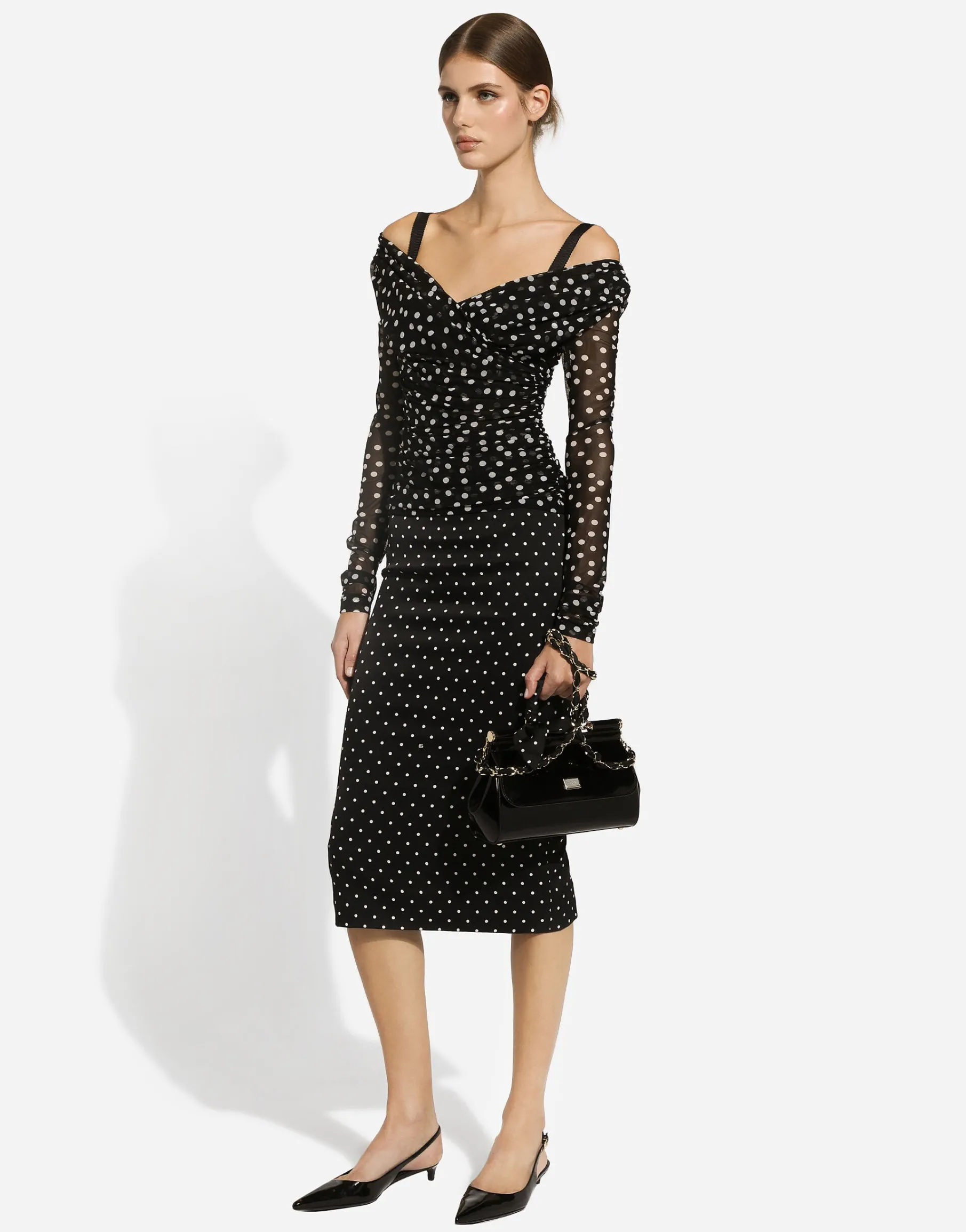 Polka-dot tulle top with wrap-front neckline
