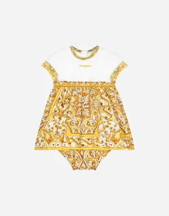 Poplin and jersey dress with yellow majolica print