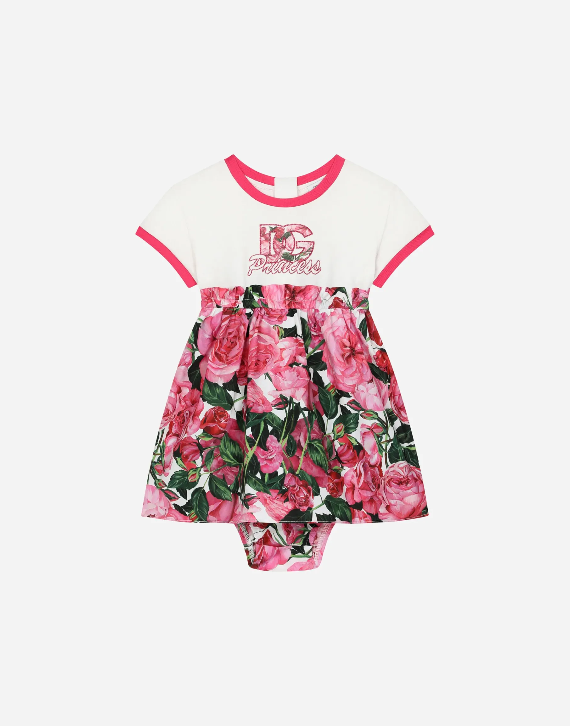 Poplin and jersey dress with rose print over a white background
