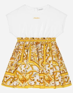 Poplin and jersey dress with yellow majolica print