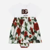 Poplin and jersey dress with red rose print