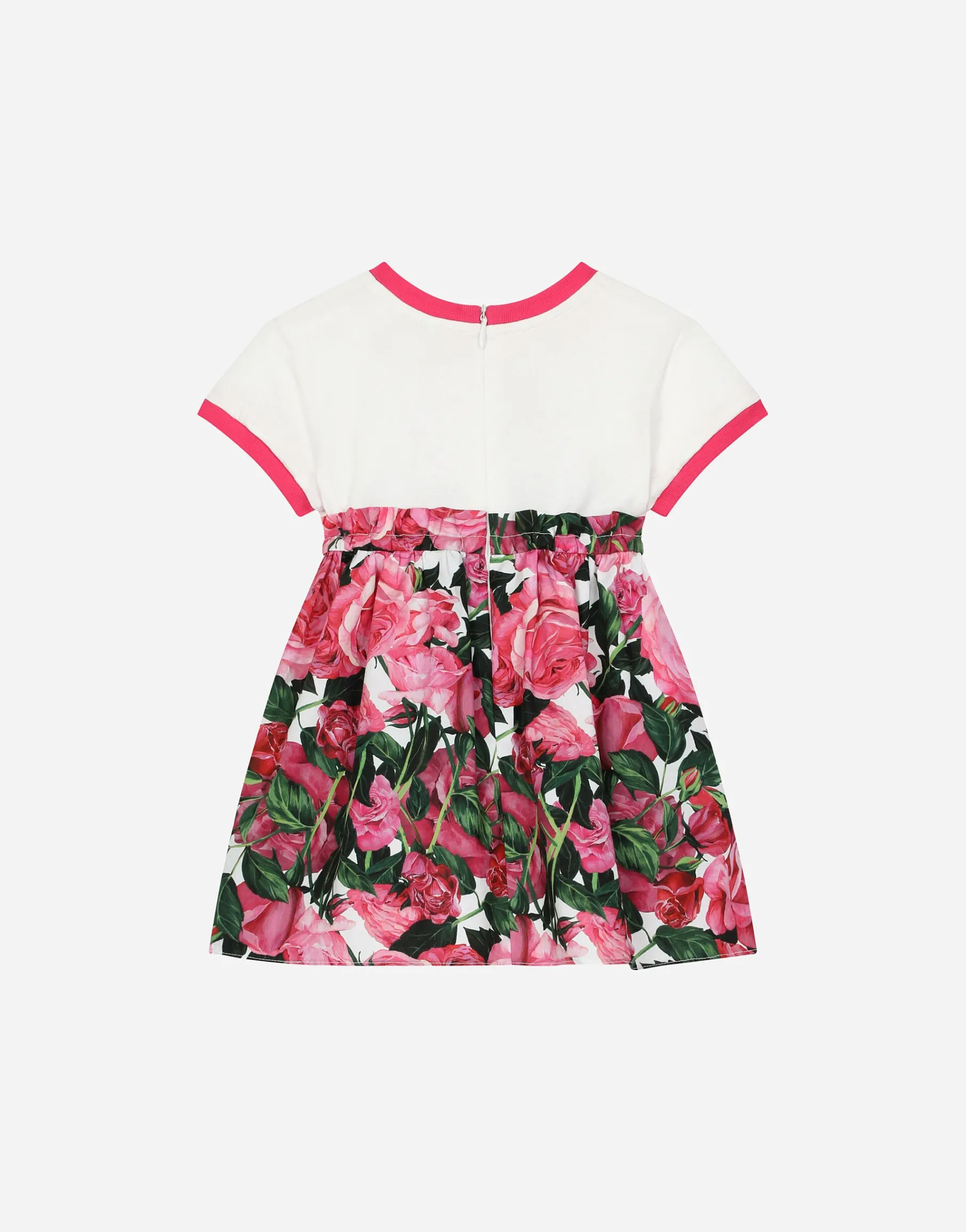 Poplin and jersey dress with rose print over a white background