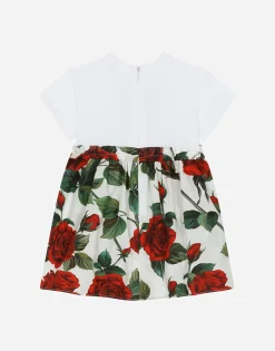 Poplin and jersey dress with red rose print