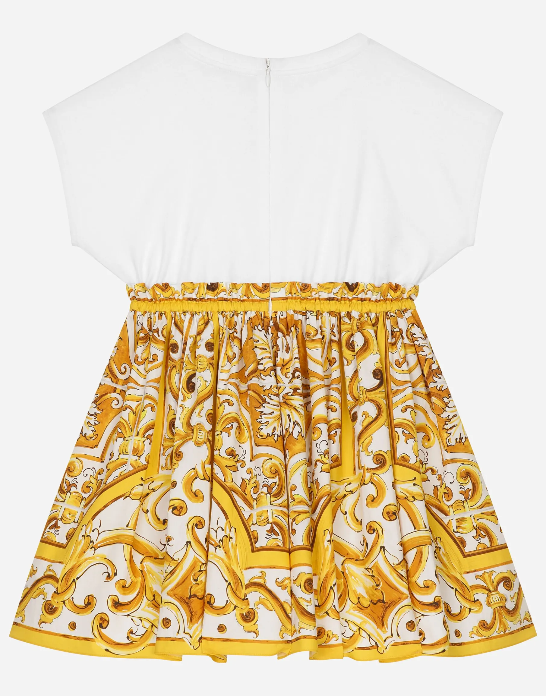 Poplin and jersey dress with yellow majolica print