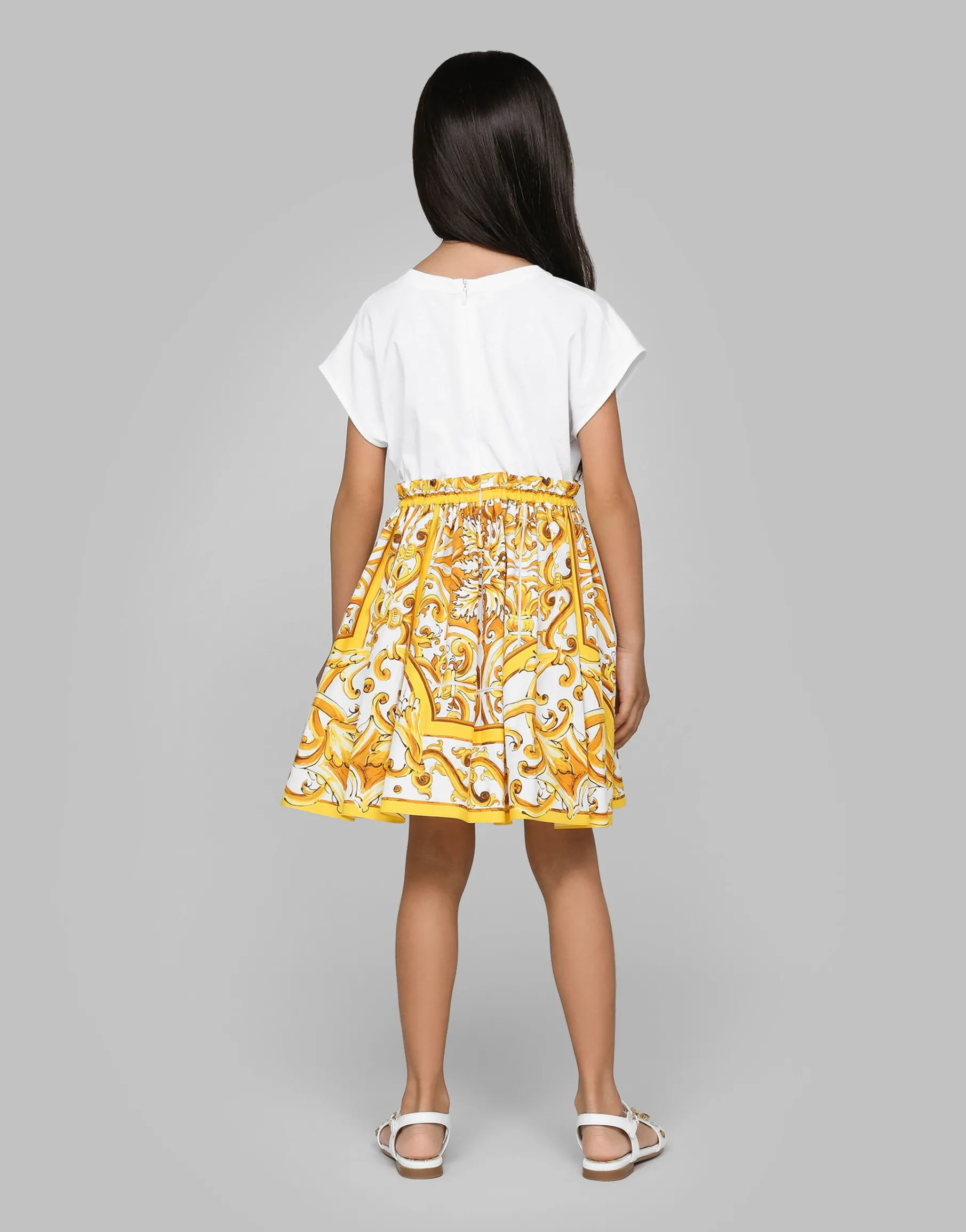 Poplin and jersey dress with yellow majolica print