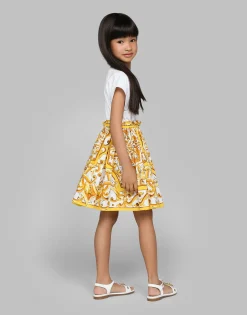 Poplin and jersey dress with yellow majolica print