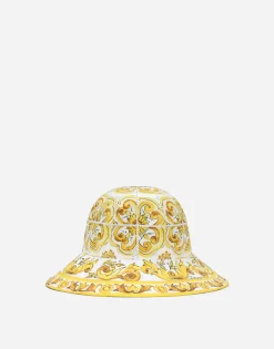 Poplin bucket hat with yellow majolica print