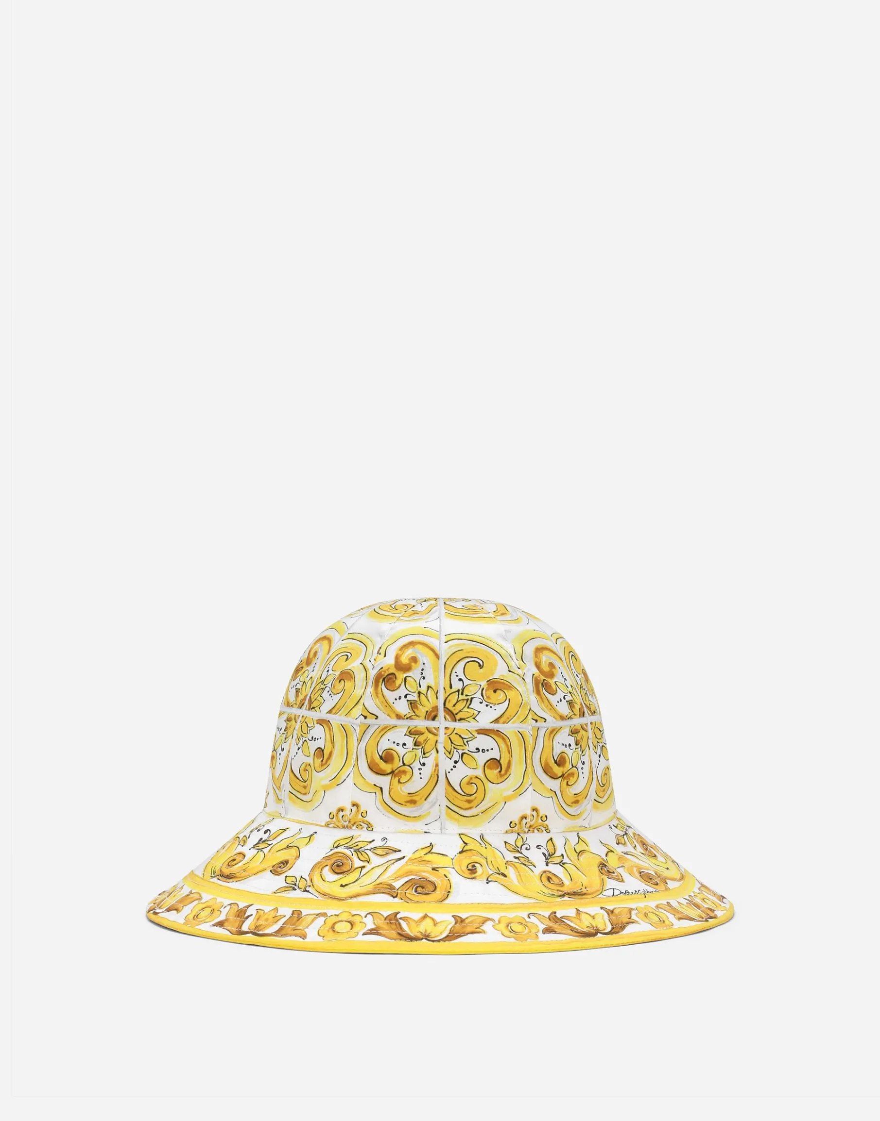 Poplin bucket hat with yellow majolica print