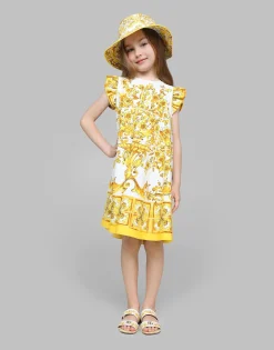 Poplin bucket hat with yellow majolica print