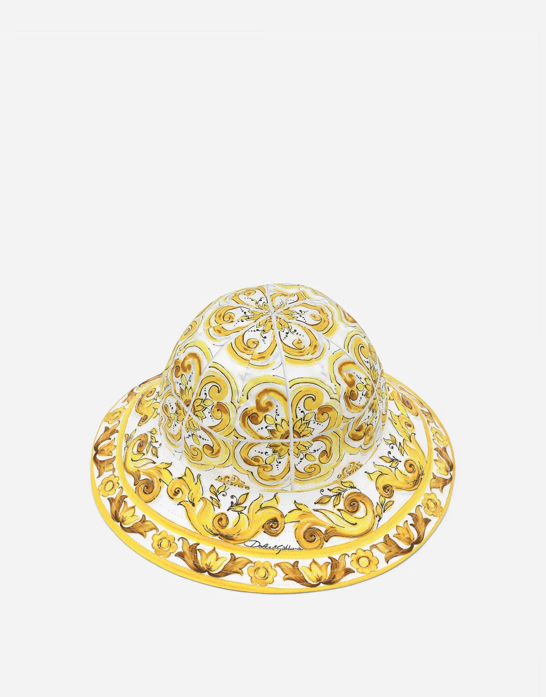 Poplin bucket hat with yellow majolica print