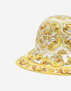 Poplin bucket hat with yellow majolica print