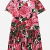Poplin dress with rose print over a white background