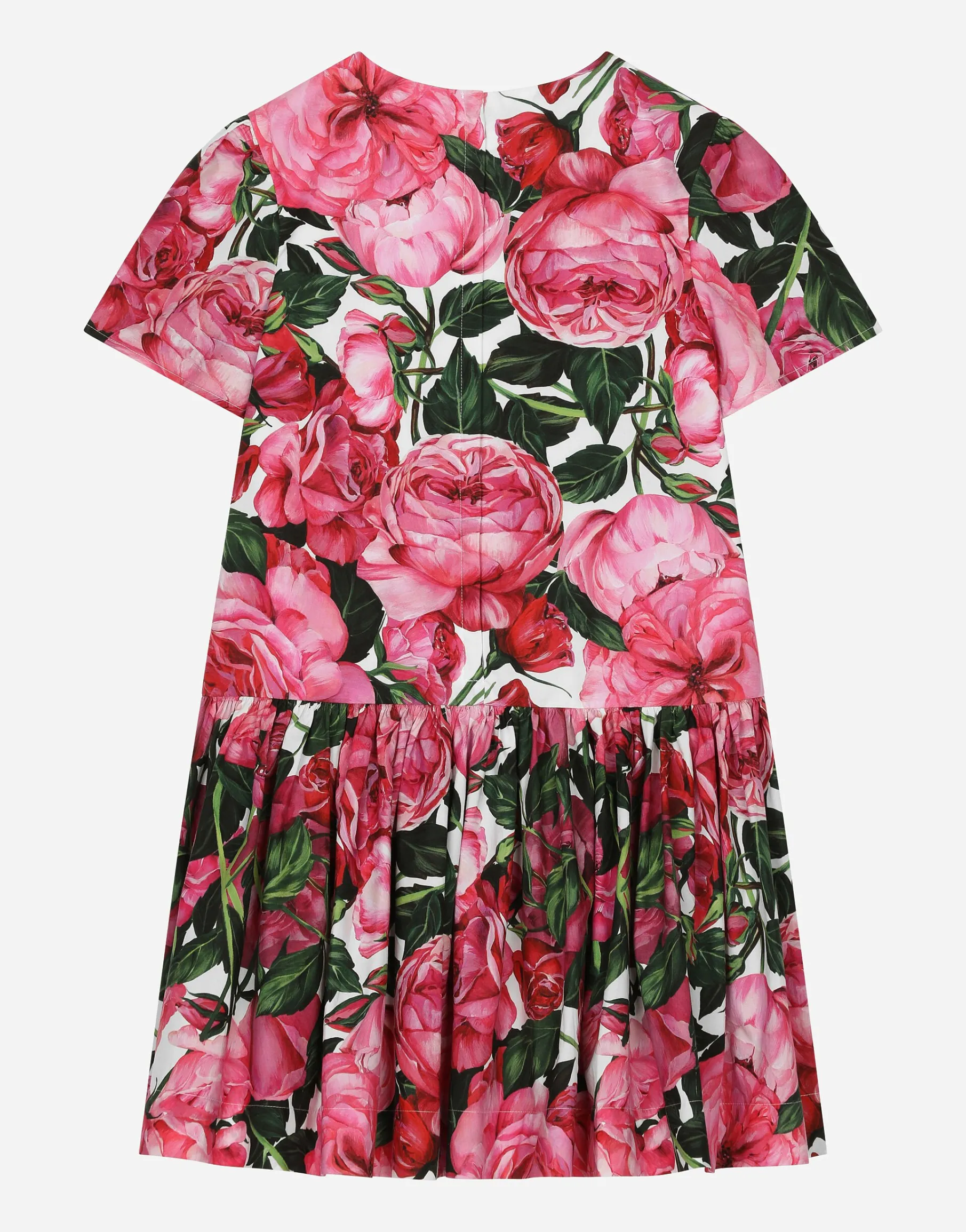 Poplin dress with rose print over a white background