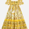 Poplin dress with yellow majolica print