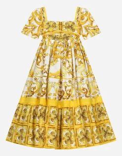 Poplin dress with yellow majolica print