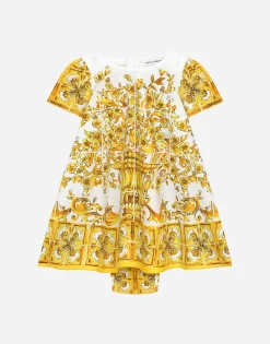 Poplin dress with yellow majolica print