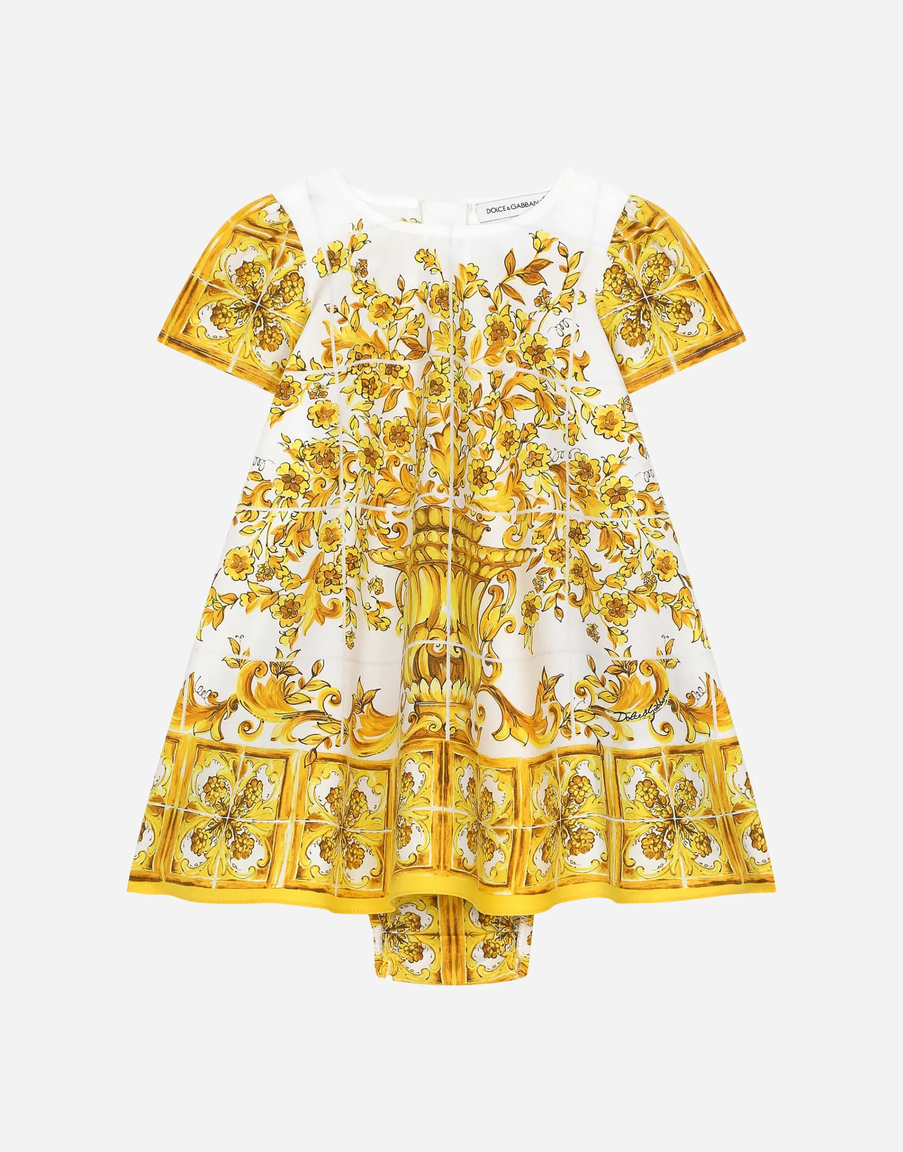 Poplin dress with yellow majolica print