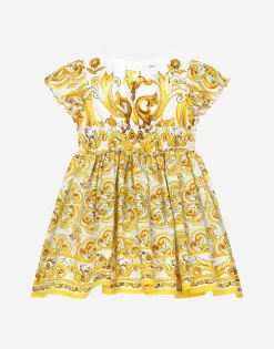 Poplin dress with yellow majolica print