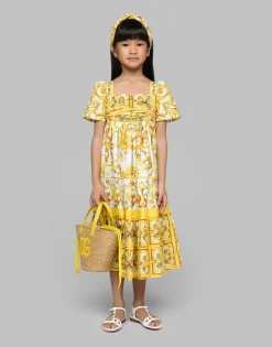 Poplin dress with yellow majolica print