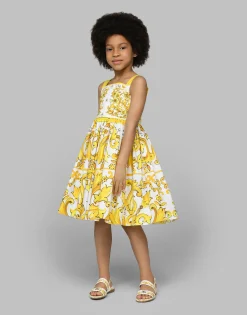 Poplin dress with yellow majolica print