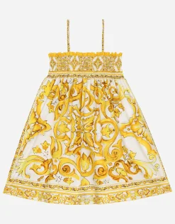 Poplin dress with yellow majolica print