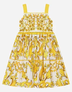 Poplin dress with yellow majolica print