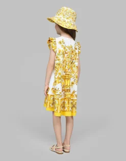 Poplin dress with yellow majolica print