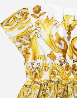 Poplin dress with yellow majolica print