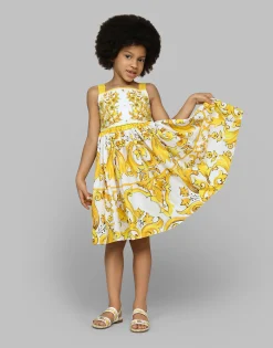 Poplin dress with yellow majolica print